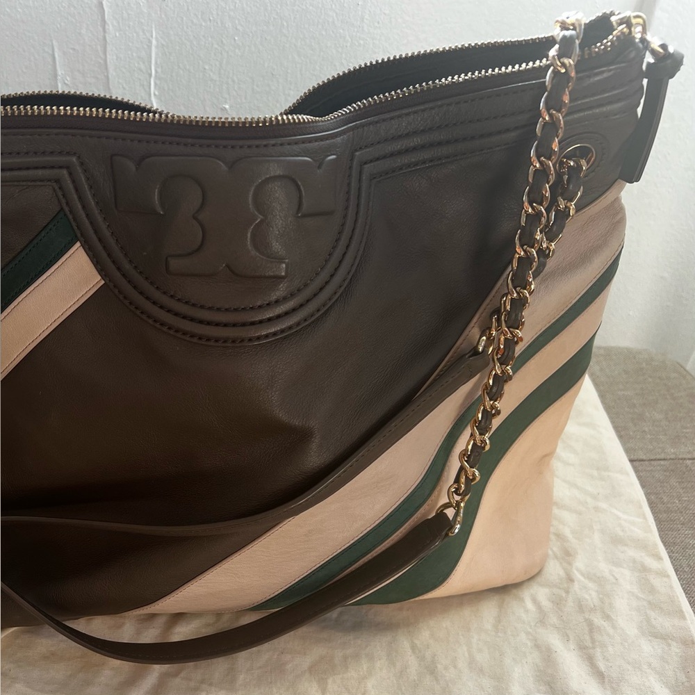 Tory Burch Brown, Cream, and Green Leather Shoulder Bag